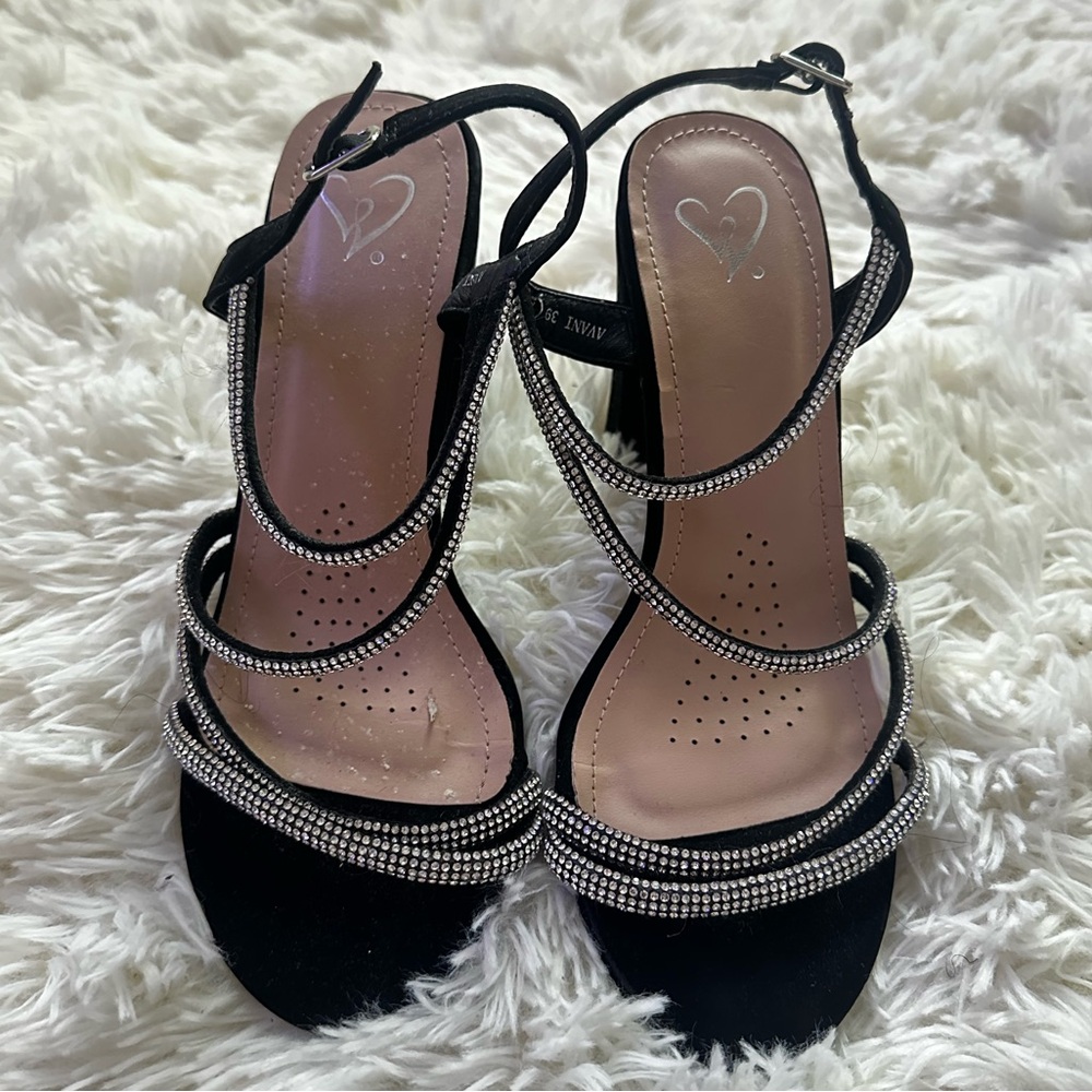 Windsor Black Heels with Rhinestone Straps